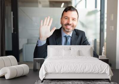 Screenshot of businessman having a video call in office Wall mural