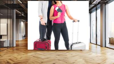 Smiling Couple Standing With Luggage In Studio Wall mural