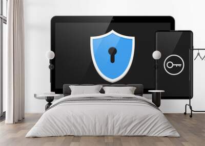 two step authentication illustration, smartphone and computer safety login or signin, two steps veri Wall mural