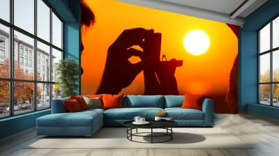 Banner of silhouette of marriage proposal at sunset Wall mural