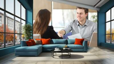 Businessman and woman handshaking at office Wall mural