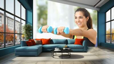 Fitness girl doing weights at home Wall mural