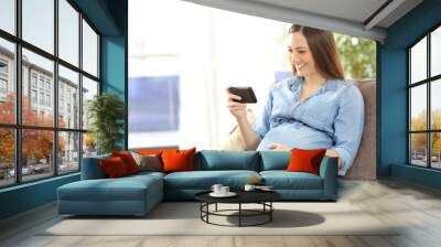 Pregnant woman watching media content in a phone Wall mural