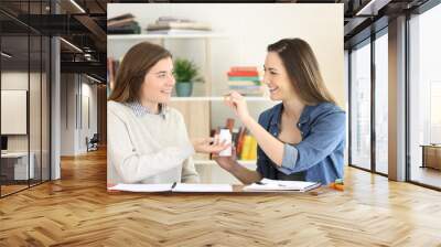 Student studying and offering a vitamin supplement to a friend Wall mural