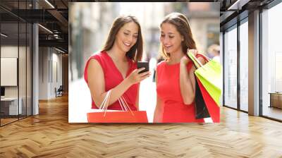 Two fashion shoppers shopping with a smart phone Wall mural