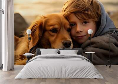 Boy hugging his dog Wall mural