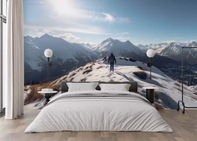 One person walking on a snowy mountaing on a snowy mountain Wall mural