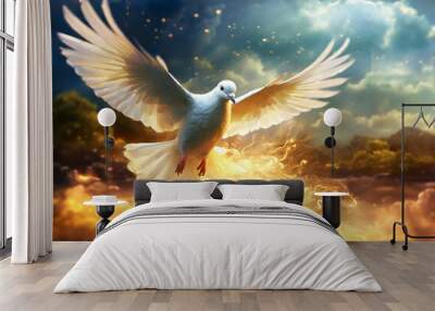 white pigeon flying with open wings emitting fire flame realistic illustration Wall mural