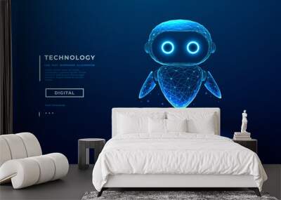 3D abstract digital AI robot floating above a light blue neon portal. Technology innovation background. Cute blue polygonal futuristic bot assistant. Tech bg. Low poly wireframe vector illustration. Wall mural