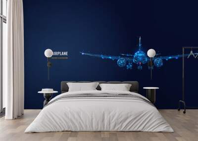 3d airplane isolated in dark blue. Abstract vector wireframe of airliner. Travel, tourism, business, airline transportation concept. Low poly glowing mesh with dots, lines, stars and flying particles  Wall mural