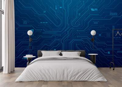 Abstract AI circuit board background. Technology connected blue lines with electronics elements on tech bg. Computer motherboard with a chip, processor, and semiconductor. Digital vector illustration Wall mural