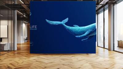 Abstract blue whale underwater in polygons on a technology blue background. Low poly wireframe marine life concept. Polygonal futuristic vector illustration with 3D effect. Modern geometric style. Wall mural