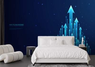 Abstract business arrow-up growth in a pyramid form in a futuristic low poly wireframe style. Digital development progress concept. Boosting sign in the technological blue banner. Vector illustration. Wall mural