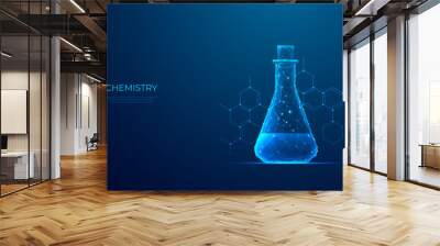 Abstract chemistry laboratory tube. Low poly lab research, medical beaker on blue technology background with chemical formula. Digital futuristic polygonal vector illustration with 3D hologram effect. Wall mural