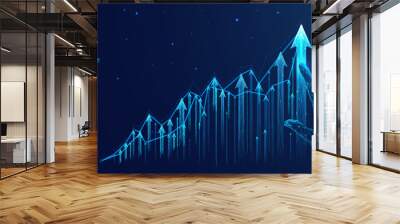 Abstract close-up of hand pointing at glowing business chart consisting of arrows up on dark blue technology background background. Futuristic low poly wireframe vector stock, market, trade concept Wall mural