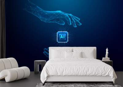 Abstract digital AI chip between human tech wireframe palms. Artificial intelligence technology background. Protection of semiconductor or microchip. Low poly wireframe vector illustration. Tech bg. Wall mural