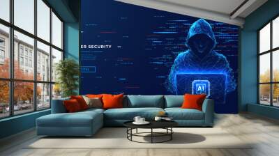 Abstract digital anonymous hacker with light blue laptop and AI chip. Technology electronics background. Computer chip and glitch data flow. Tech artificial intelligence bg. Vector illustration Wall mural