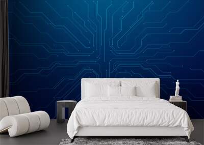 Abstract digital circuit board on technology blue background. Circuit connected lines and dots on abstract motherboard. Navy gradient tech bg. AI innovation concept.  Futuristic vector illustration. Wall mural