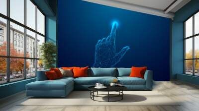 Abstract Digital Human Hand Touching on Glowing Dot. Low Poly Vector Illustration on Dark Blue Technological Background. Light Wireframe Connection Structure. Futuristic Technology Concept.  Wall mural