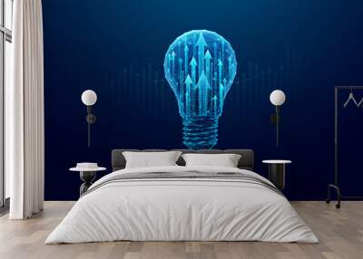 Abstract digital light bulb and growing arrows up. Start-up and business boosting concept. Futuristic low poly wireframe vector illustration on technology blue background. Polygonal or origami style. Wall mural