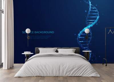 Abstract DNA double helix in futuristic technology style. Science concept. DNA blue background. Genetic and biology vector illustration. Digital gene. Low poly wireframe. Geometric 3D biology concept. Wall mural