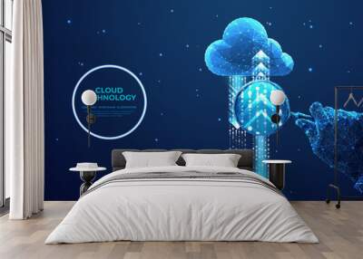 Abstract hand with magnifying glass and digital cloud, arrows up and down. Data analysis concept. Cloud computing technology. Low poly wireframe vector illustration in futuristic hologram blue style. Wall mural