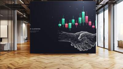 Abstract handshake and colored stock market candlestick. Trading and investment concept. Digital growing graph chart. Low Poly wireframe vector illustration on dark background. Best deal symbol Wall mural