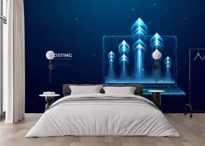 Abstract high speed growth up arrows on a laptop screen. Fast internet concept. Boost metaphor on technology dark blue background. Digital vector illustration in futuristic low poly wireframe style. Wall mural