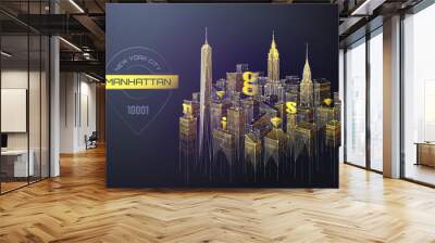 Abstract image of landscape of the Manhattan consisting of points, lines, and shapes in the form of planets, stars and the universe. Vector New York wireframe concept. Wall mural