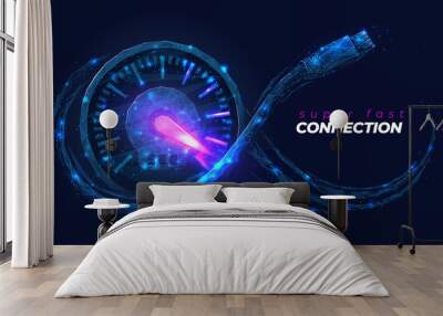 Abstract low poly 3d network cable and speedometer in dark blue. Super fast internet connection, speed test gauge concept. Digital vector mesh wireframe with lines, dots, shapes and glowing particles Wall mural