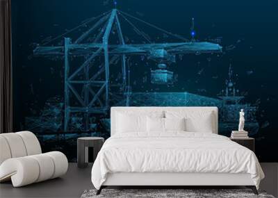 Abstract low poly cargo sea port. 3d ship, port crane and containers in dark blue. Container ships, transportation, logistics, business or worldwide shipping concept. Digital vector mesh illustration Wall mural