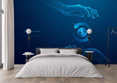 Abstract money exchange. Two hands holding digital coin with circular arrows. Cashback or cash return metaphor. Money transfer or return. Low poly vector illustration with 3D effect on blue background Wall mural