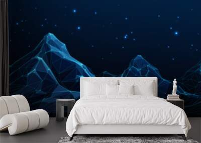 Abstract night Mountains digital landscape. Digital low poly wireframe vector illustration with 3D effect. Panorama of geometric peaks and starry sky on a technology blue background. Connected dots. Wall mural