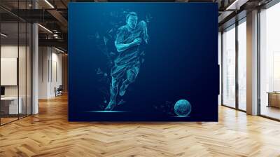 Abstract Soccer Player with a ball in motion. Digital Football Athlete is running on a technology blue background. Low Poly Wireframe Footballer with connected glowing dots, lines, and particles. Wall mural