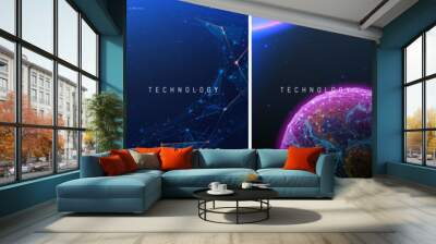 Abstract technology posters. Science future innovation concept. Space shapes and planets in blue-purple. Futuristic abstract backgrounds for book cover design. Digital low-poly fiction flyer template. Wall mural