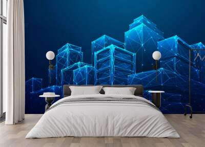 Abstract technology smart city panorama in futuristic digital polygonal style. Tech buildings cityscape on dark blue background. Night light city buildings. Low poly wireframe 3D vector illustration. Wall mural