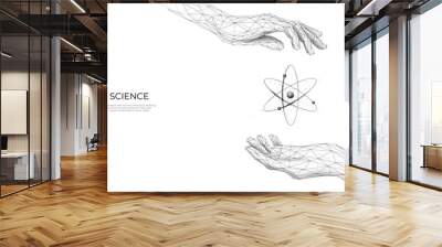 Abstract woman's hands holding atom symbol. Nuclear atom or molecule. Low poly sketch. Laboratory medicine science concept. Isolated polygonal wireframe vector illustration on a white background. Wall mural