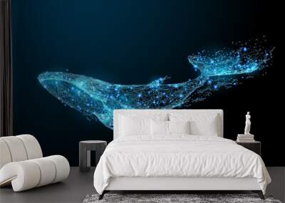 Blue whale composed of polygon. Marine animal digital concept. Low poly vector illustration of a starry sky or Comos. The whale consists of lines, dots and shapes. Wireframe light connection structure Wall mural