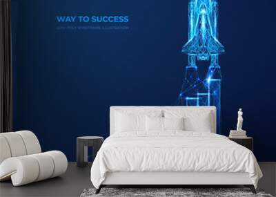 Business success strategy. Low poly wireframe spaceship launch. Digital shuttle launches up. Start-up concept. Polygonal technology blue vector illustration. Wall mural