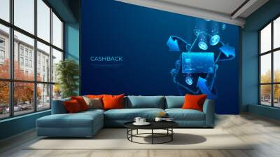 Cashback concept. 3D abstract phone in a hand with credit bank card, falling coins, return arrows. Money transfer in light blue futuristic style. Low poly vector illustration on technology background. Wall mural