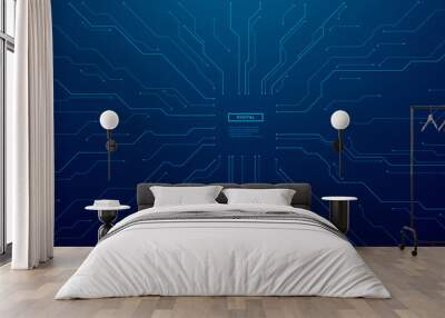 Circuit connected lines on technology blue background. Circuit board. Ai Tech bg. Semiconductor or CPU processor in the center. Computing electronics concept. Abstract digital vector illustration. Wall mural