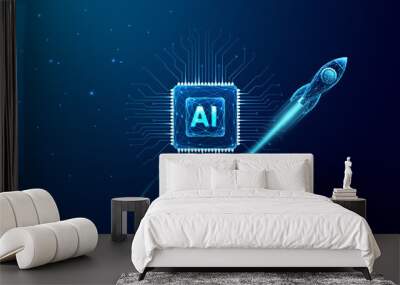 Digital abstract rocket and AI chip. Abstract technology light blue background. Artificial Intelligence growth up concept. Spaceship launch. Tech bg. Processor or semiconductor  3D vector illustration Wall mural