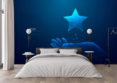 Digital star in abstract hand. Success concept. Low poly wireframe vector illustration with 3D effect in futuristic hologram blue style on technology background. Monochrome light vector illustration. Wall mural