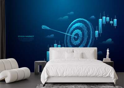 Digital target with bow arrow in bullseye with Japanese candlestick. Abstract stock market concept. Low poly wireframe vector illustration. Futuristic hologram in technology blue. Vector illustration. Wall mural