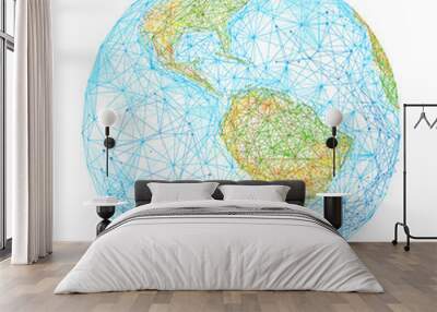 Earth globe low poly illustration. 3d polygonal world map. Travelling concept art with connected dots and lines. Planet spherical model, geography learning vector color wireframe mesh Wall mural