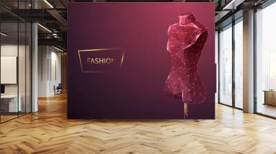 Fashion low poly wireframe vector banner template. Polygonal 3D mannequin. Clothes designer workshop, dressmaker atelier mesh art illustration. Fashionable boutique. Connected dots with lines  Wall mural