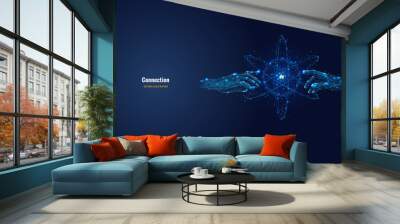 Futuristic image of hands touching abstract technology circles with global connection lines. Vector connection and data exchange technology concept in dark blue. Digital polygonal mesh illustration  Wall mural