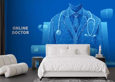 Healthcare services. Online medical consultation. A doctor in a white lab coat with a stethoscope on the laptop screen. Low poly wireframe vector illustration on blue. Online hospital concept. Wall mural