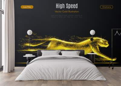 Low poly illustration of the cheetah with a golden dust effect. Sparkle stardust. Glittering vector with gold particles on dark background. Polygonal wireframe from dots and lines. Wall mural