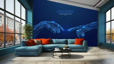 Robot arm and hand human. Touch Technological concept. Low poly blue. Polygonal abstract health illustration. Low poly vector illustration of a starry sky or Cosmos. Vector image in RGB Color mode. Wall mural